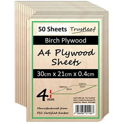 Image of 4mm Birch Plywood A4 300x210x (Pack of 50) Laserable Low Fume E1 Glue Ply...