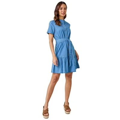 Image of Roman Originals Belted Cotton Denim Frill Hem Dress for Women UK Ladies Everyday Holiday Spring Summer Collarless Shirt Neckline Comfy Soft Evening Vacation Work Party Light Size 18