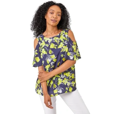 Image of Roman Petite Womens Floral Print Cold Shoulder Chiffon Top Navy Size 10 UK