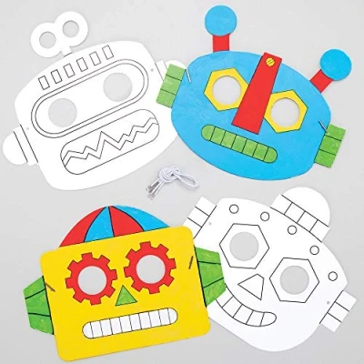 Image of Baker Ross AT679 Colour in Robot Masks Pack of 8, Arts and Crafts Colouring Kits for Boys Girls Art Party&#039;s, Dress up Imaginative Play