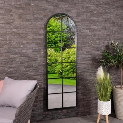 Image of Charles Bentley Bern Arch Mirror in Black, Weather Resistant, Shatterproof, Wall Mounted Accent Décor For Garden, Indoors, Iron Aluminium (165x55cm)
