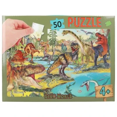 Image of Depesche 13206 Dino World 50 Piece Jigsaw Puzzle with Detailed Dinosaur Design, Size Approx. 58 x 40 cm, in Cardboard Case Carrying Handle, Multicoloured, One