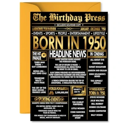 Image of Gold 75th Birthday Card for Men Women Black &amp; Golden Newspaper Born in 1950 Happy 75 Cards Grandad Dad Brother Sister Grandma Auntie, A5 Bday Greeting