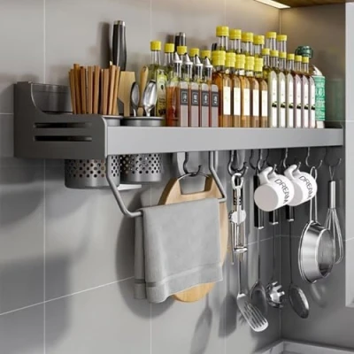Image of Hovoto Spice Rack Wall Mounted, Hanging Storage Shelves, Kitchen Shelf, Utensil Rack, Racks Organiser for Jars and Seasoning Bottles, Gray, 60cm