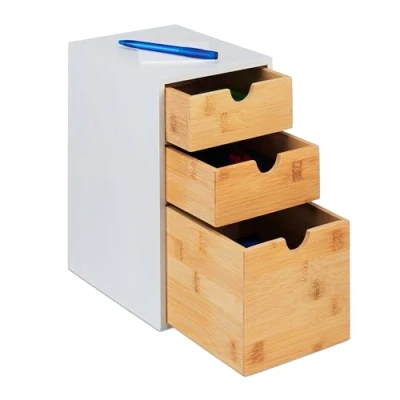 Image of Relaxdays Drawer Box, Bamboo &amp; MDF, Cosmetics, Stationery, Office, HWD: 28 x 17 21.5 cm, Desk Organiser, Natural/White