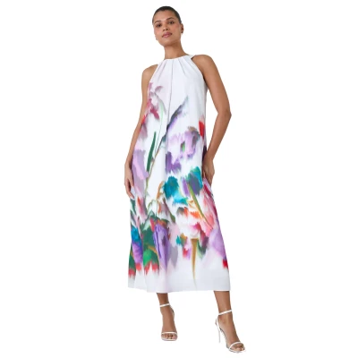 Image of Roman Womens Abstract Floral Pleat Detail Trapeze Dress White Size 20 UK