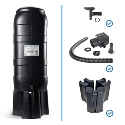 Image of 100L Slimline Black Rainfall Mini Water Butt Kit Space Saving Rainwater Complete with Stand, Lid, Hose Connect Tap &amp; Rain Diverter for Garden Storage UK DESIGNED AND MANUFACTURED