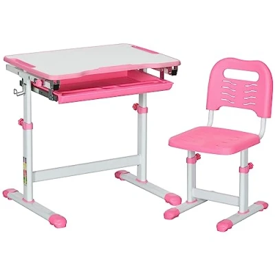 Image of HOMCOM Kids Desk and Chair Set, Height Adjustable Student Writing Desk, Children School Study Table with Tiltable Desktop, Drawer, Pen Slot, Hook Pink