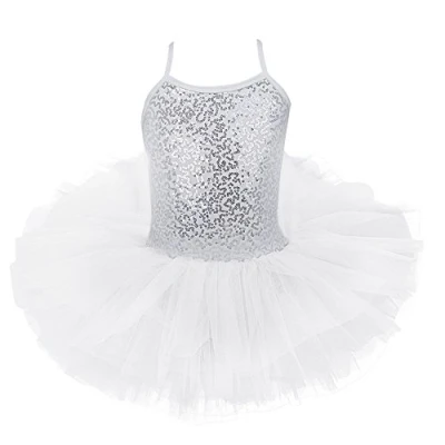 Image of YiZYiF Girls Sequined Tutu Ballet Leotard Dance Dress Ballerina Fancy Fairy Costume White 6 7 Years