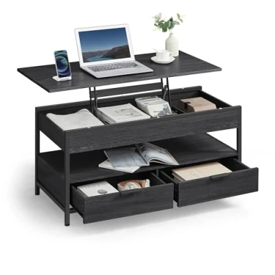 Image of VASAGLE Lift Top Coffee Table, Living Room with Storage Drawers, Hidden Compartments, and Open Shelf, Charcoal Grey Ink Black LCT209B22