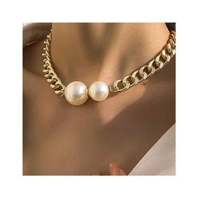 Image of Cubahop Metal Pearl Choker Necklaces Gold Collar Necklace Pendant Chain Jewelry for Women and Girls