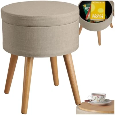 Image of TecTake 800836 Stool with Storage Space in Linen Look Maximum Load 300 kg Round Removable Lid Padded Beech Legs Felt Gliders (Sand)