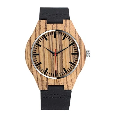 Image of MICGIGI Unisex Simple Wooden Quartz Watch Handmade Cowhide Leather Strap Natural Wood Wrist