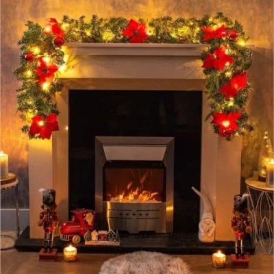 Image of Marco Paul 9ft Premium Pre Lit Artificial Christmas Garland Warm White LED&#039;s Greeny with red baubles and poinsetta for Fireplace, Stairs, Mantle, window Indoor Decor