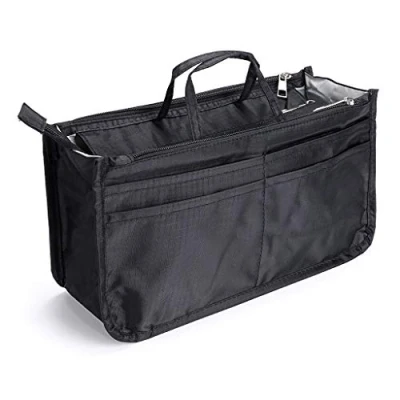 Image of IGNPION Printed Insert Handbag Purse Organiser 13 Pockets Expandable Liner Bag Pouch Zipper Closure Tote Diaper with Handle (29x 16x 9cm) (Black)