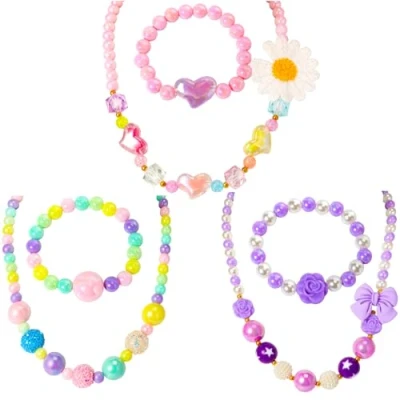Image of Pinkgarden Jewelry Set for Kids, Necklace Bracelet 3 Little Girls Pretend Play and Princess Dress up, Girl&#039;s Gift Age 4 5 6 7 9 10 11 12 Years