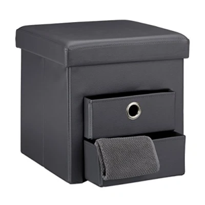 Image of Relaxdays Folding Storage Ottoman with 2 Pull Out Compartments Drawers, Footstool Total Size: 38 x cm Faux Leather Seat Pouffe Foldable Space Removable Box Stool, Grey