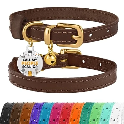 Image of BRONZEDOG Leather Cat Collar with Bells Non Breakaway Kitten QR Tag for Girl Boy (23 28 cm, Brown &amp; Gold)