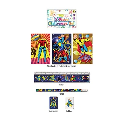 Image of 5 Piece Stationery Set Pencil, Sharpener, Rubber, Ruler, Notepad (Superhero)