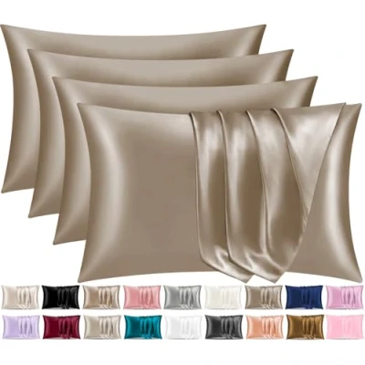 Image of Pamposh Satin Silk Pillowcases For Hair And Skin 4 Pack Standard Size with Envelope Closure (4 Pcs (50 x 75 cm), Khaki)