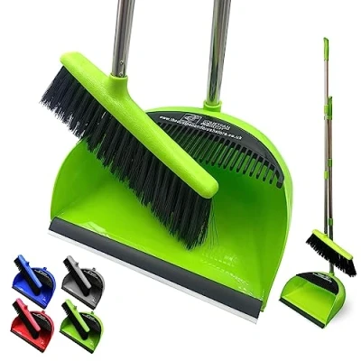 Image of Long Handled Dustpan and Brush Set Lobby Dust Pan with Handle Sweeping Broom (Green)