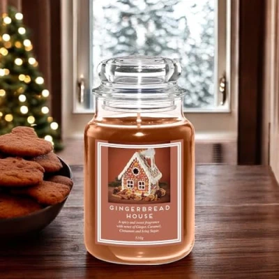 Image of FabFinds Large 18oz Scented Glass Jar Candle Natural Soy Wax Gift Fragrance (Free 8pcs Melt) Burn Time: 104 Hours (Gingerbread)