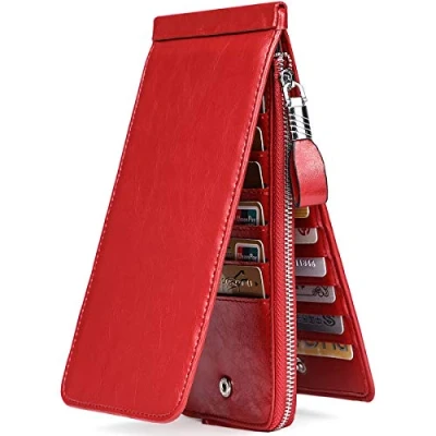 Image of JEEBURYEE Women&#039;s Oil Wax Real Leather Multi Credit Card Holder Wallet RFID Blocking Long Bifold Clutch Ladies Purse with Zipper Pocket Red