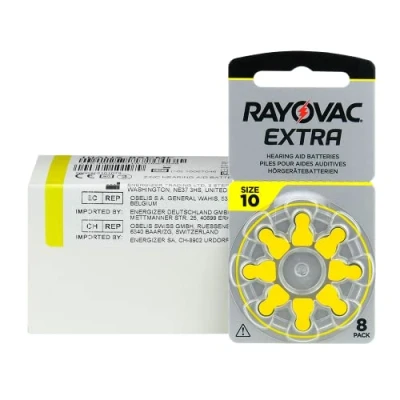 Image of Rayovac Extra 10, 80 pieces, hearing aid batteries, high performance, zinc air 10 blister cards, yellow, 10AUX 8XEMF