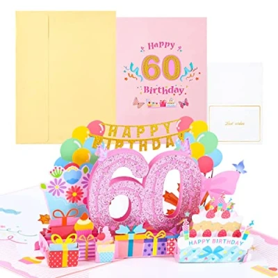 Image of Joyoldelf 60th Birthday Card for Women, Pop Up Greeting Cards, 3D Card, Cards with Envelope Women Mothers Girls Men Friends Romance Gift