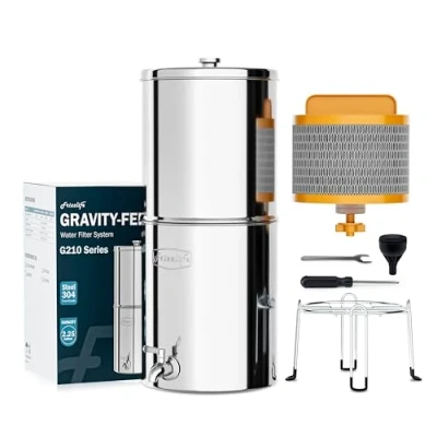 Image of Frizzlife G210 Scale Gravity Fed Water Filter System, NSF Certified Element with Inhibition Reduces 99% Chlorine, Taste &amp; Odor, Impurity, Purifier System Stand for Home, Camping, 9.46L