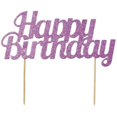 Image of Anniversary House Glitter Happy Birthday Cake Topper Pink, 18 x 15cm (7 6&quot;)