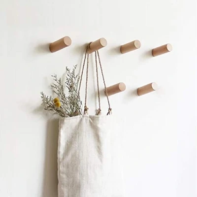 Image of HomeDo 6Pack Wall Hooks Rack, Wooden Coat Mounted, Entryway Hat Decorative Single Organizer Hanger Hook Towel Heavy Duty (Beech 8cm, 6Pack)