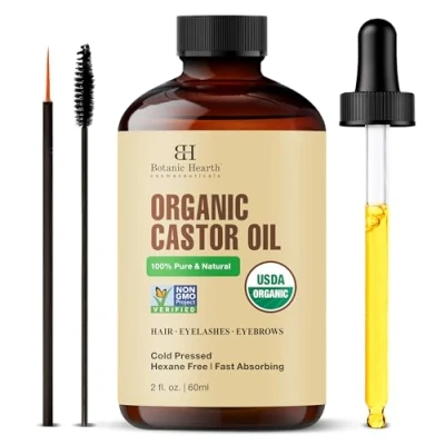Image of Botanic Hearth Castor Oil USDA Certified Organic 100% Pure &amp; Hexane Free Cold Pressed Growth for Eyelashes, Eyebrows, Hair With Eyebrow Eyelash Brush 2 fl oz