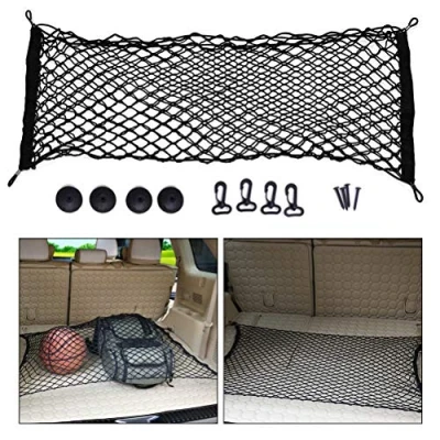 Image of BUYGOO 90 x 40cm Elastic Cargo Net for Van Car SUV Truck Boot, Double Layer Storage Organizer Mesh Nylon Fastened Trunk, with 4 Carabiner Style Hook, Stretched Up to 130cm