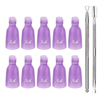 Image of Haobase 10 Pcs Plastic Acrylic Nail Art Soak Off Cap Clip UV Gel Polish Remover Wrap Tool and 2 Cuticle Pusher