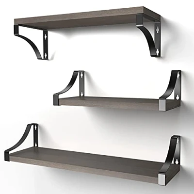 Image of Pipishell Floating Shelves Wall Mounted Shelf, Paulownia Wood Shelves, Wooden Set of 3 for Bedroom, Bathroom, Living Room, Kitchen, Home Office, Laundry room,etc (Dark Brown)