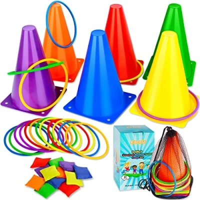 Image of Eocolz 3 in 1 Carnival Games Set, Soft Plastic Cones Bean Bags Ring Toss for Kids Birthday Party Outdoor Supplies 32 Pcs Combo Set