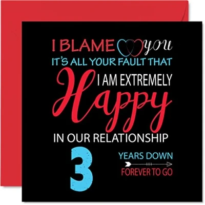 Image of Funny Leather Anniversary Card for Husband Wife Your Fault I&#039;m Extremely Happy 3rd Wedding Partner, 145mm x Greeting Cards Third Anniversaries