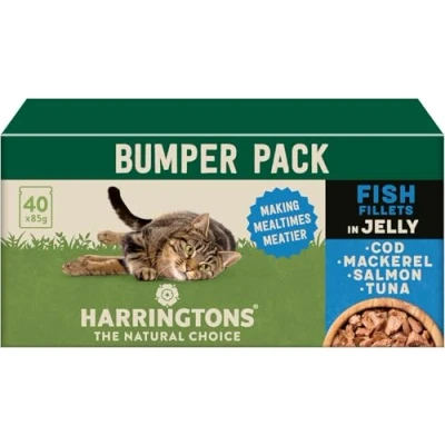Image of Harringtons Complete Wet Pouch Grain Free Hypoallergenic Adult Cat Food Fish in Jelly Pack 40x85g Cod, Mackerel, Salmon &amp; Tuna Making Mealtimes Meatier