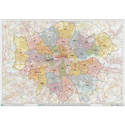 Image of Greater London Authority Boroughs with Postcode Districts Wall Map 2A Plastic Coated (119 cm x 168 cm)