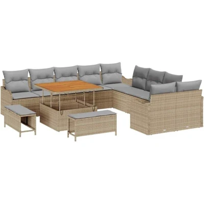Image of vidaXL 13 Piece Garden Sofa Set with Cushions Beige Poly Rattan Acacia