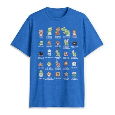 Image of Nintendo mensNNTD0075 10001006Pixel Cast T Shirt Crew Neck Short Sleeves Blue XXL