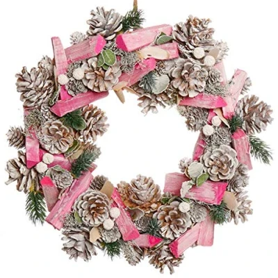 Image of Pastel Pink Door Wreath 14&quot; Wood &amp; Pine Cone Decorative Festive Winter