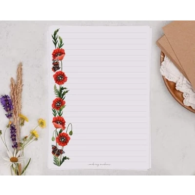 Image of Making Meadows A5 Lined Letter Writing Paper Set (20 Sheets &amp; 10 envelopes) Red Poppy Flower Border Design On Penpal Stationery