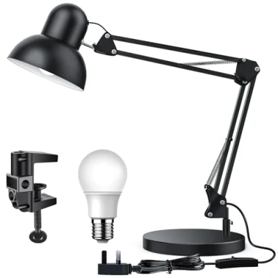 Image of LONGTOO Bigger Desk Lamp, Table Lamp with E27 Screw Bulb, Flexible Clamp on Light, Adjustable 65cm Swing Arm Architect for Office, Bedside, Studying, and Reading