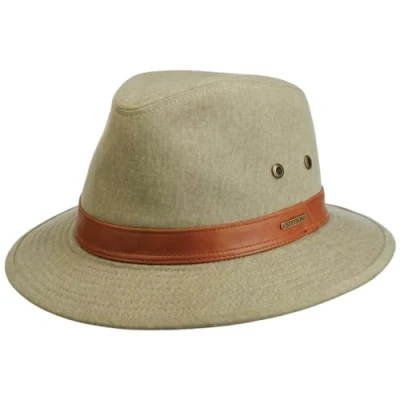 Image of Stetson Cotton Traveller Outdoor Hat Men Summer Fisher&#039;s Sun with Leather Trim Winter M (56 57 cm) Light Olive
