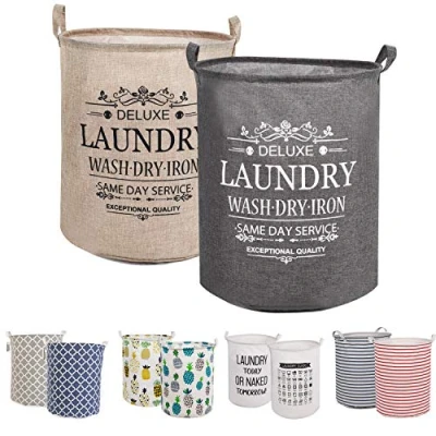 Image of LessMo 2Pcs 17.7&quot; Laundry Hamper, Collapsible Storage Basket With Easy Carry Handles, Waterproof Round Cotton Linen, for Baby Products, Toys, Bedroom Hamper
