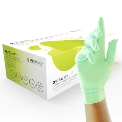 Image of Unigloves Vitality Latex Mint GD0012 Examination Multipurpose, Scented, Powder Free Disposable Gloves, Box of 100 Green, Small