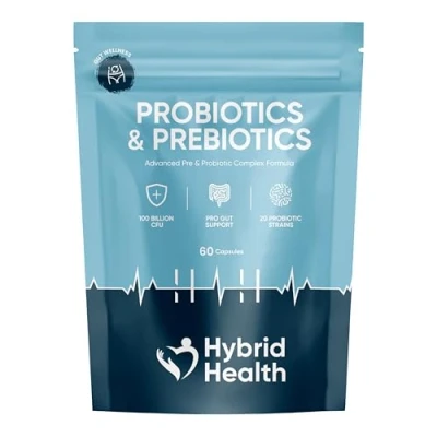 Image of Hybrid Health Probiotics &amp; Prebiotics Complex 60 Vegan Capsules 100 Billion CFU Advanced Strength with 20 Diverse Strains Pre for Women and Men