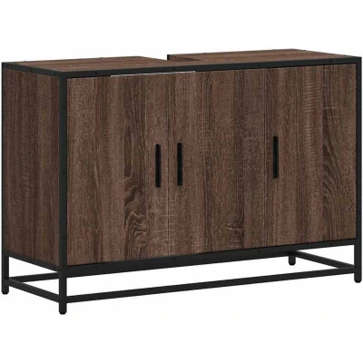 Image of vidaXL Bathroom Sink Cabinet Brown Oak/Moisture Resistant Engineered Wood/Industrial Metal Frame Ample Storage 90x33x60 cm